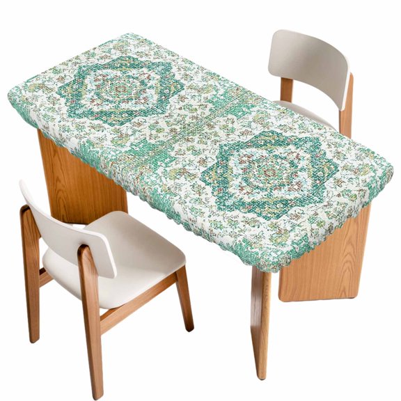 Turquoise Boho Table Cloths for 5 Foot Rectangle Tables, Vintage Abstract Art Floral Ethnic Tribe Patio Waterproof Elastic Fitted Tablecloths, Washable Rectangular Table Cover for Camping