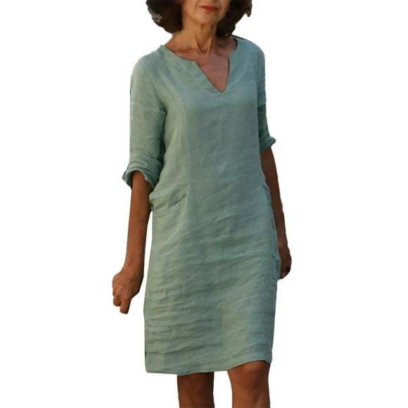 2025 Puawkoer casual dress 1pc Dress Midi Dress Baby Blue Dress for Women Wrap Dresses for Women 2025 Ladies Dresses Green Dresses for Women 2025 And Linen Short Sleeve Holiday Semi Casual Women'S V