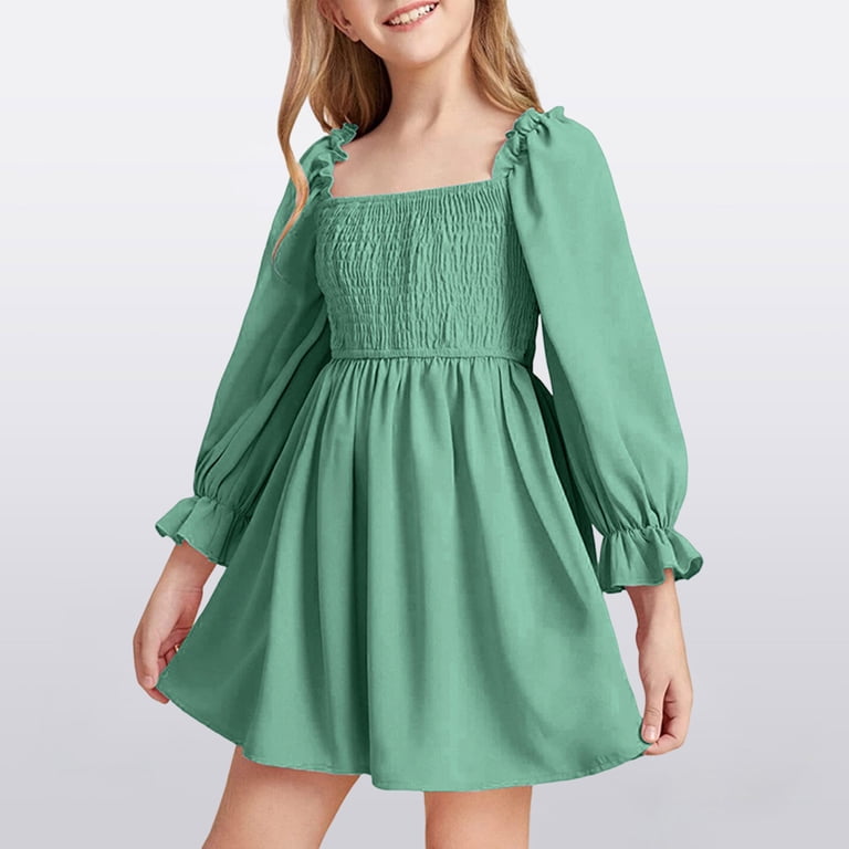 mgoYE Casual Toddler Girl Dress Little Girls Kids Summer Ruffle Mini Dress  Square Neck Lantern Sleeve Short Dress Tulle Smocked(Pink,2-3 Years)