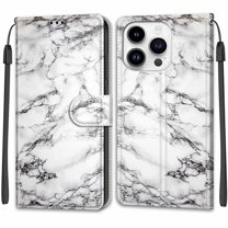 SaniMore Wallet Case for iPhone 14 Pro Max 6.7" 2022, PU Leather Color Painting Kickstand Wrist Strip Magnetic Clasp Cash Pocket Card Holders Shockproof Full Protective Case, White Marble