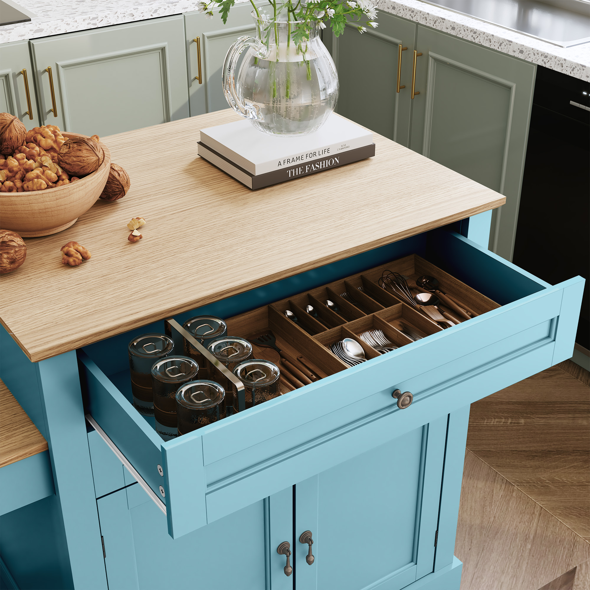 HLR 78.74" Mid-Century Extendable Kitchen Islands on Wheels with Roman column legs, Dining Table Cart with Storage, Blue