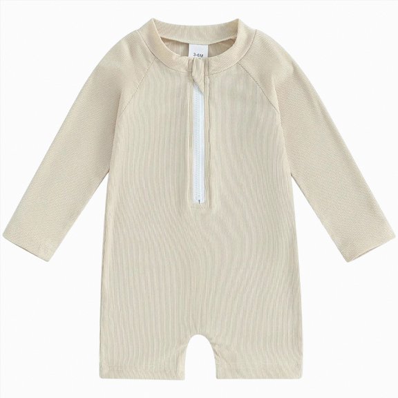 Linfrsh Infant Swimsuit Girl Baby Girls UPF 50 Sun Protection Floral Printed Long Sleeve One Piece Rash Guard Swimsuit with Zipper(Beige,2-3 Years)