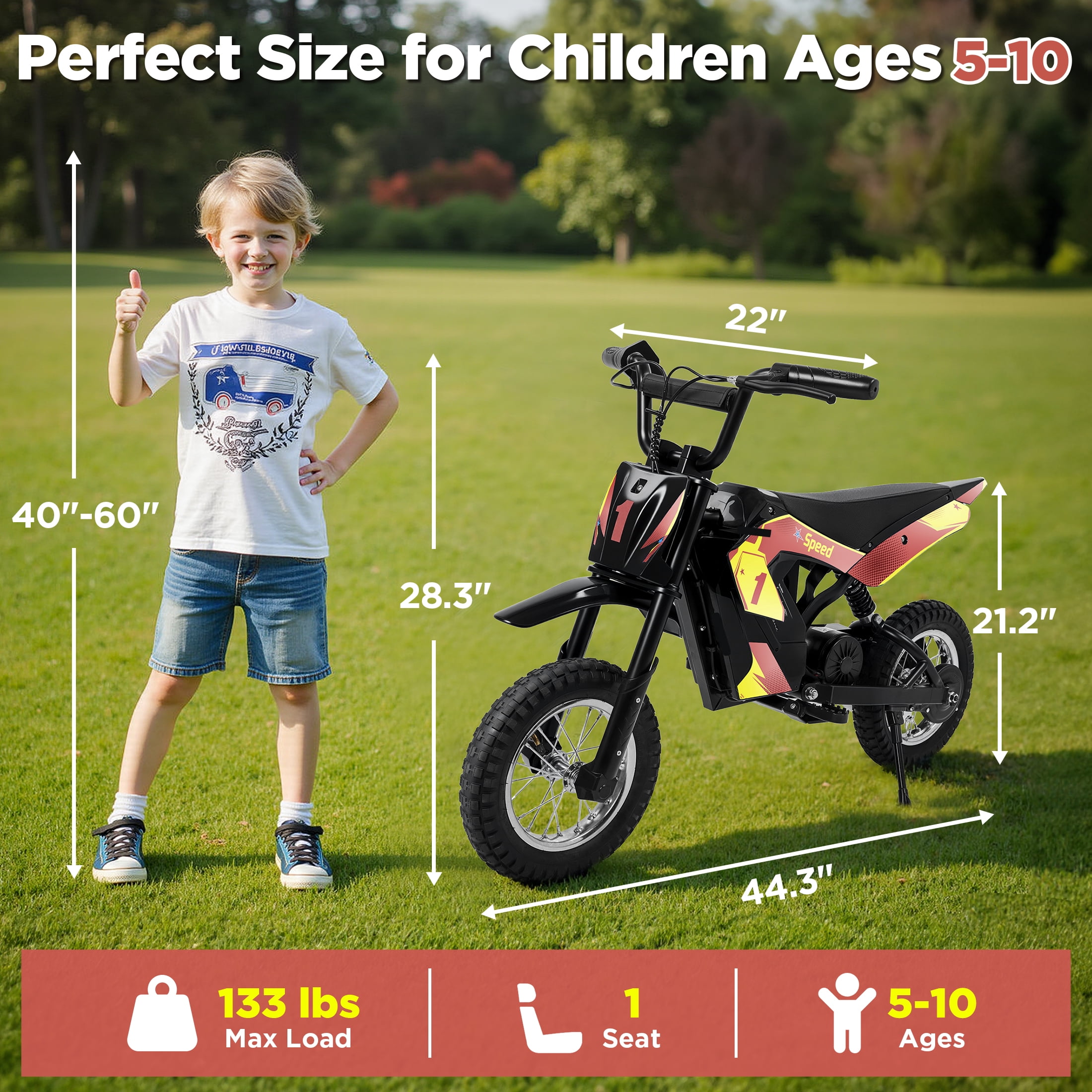 Wisairt 36V Kids Electric Dirt Bike, 15.5 mph High-Speed Electric Motorcycle Ride on Dirt Bike for Kids Aged 5-10, 133 lbs Max Load, 10-mile Range, Waterproof Seat, Twist Grip Throttle, Red & Gold