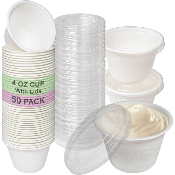 EcoQuality 4 Oz Compostable Portion Cups with Lids - Sugarcane Bagasse Condiment Souffle Cups with Lid - Biodegradable Sauce Cups - Perfect for Disposable Sample Cups (50)