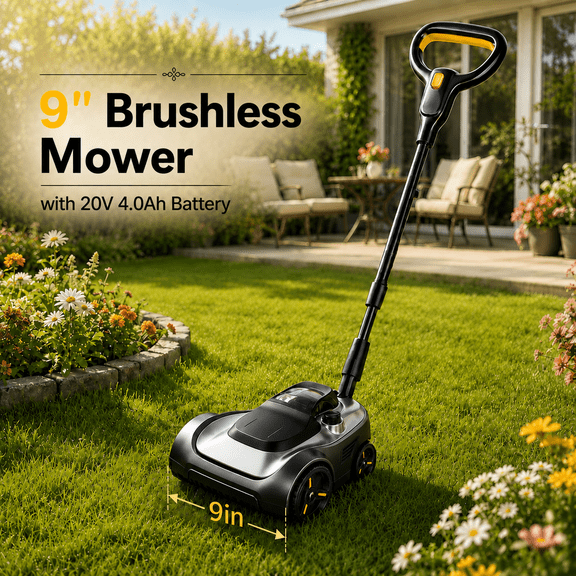 9-Inch Cordless Electric Lawn Mower, 5700RPM Brushless Motor, 3-Level Height Adjustment, Lightweight Push Lawn Mower for Small Yards, Compact & Portable for Tight Spaces