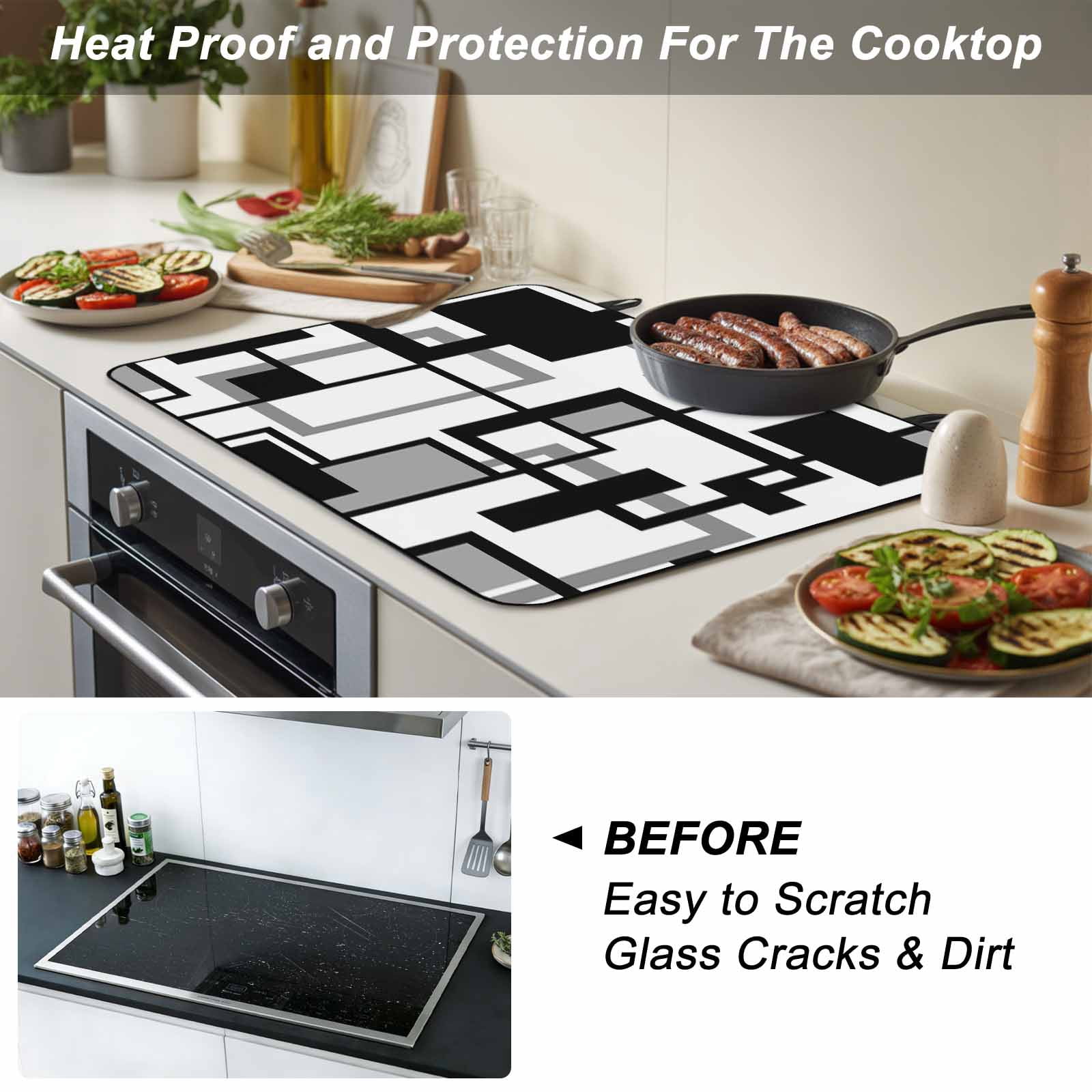 Black Grey Geometric Stove Top Cover for Electric Stove, Heat-proof & Non Slip Glass Top Stove Cover Protector, Modern Abstract Art White Kitchen Flat Cooktop Rubber Mat 24x21 Inches