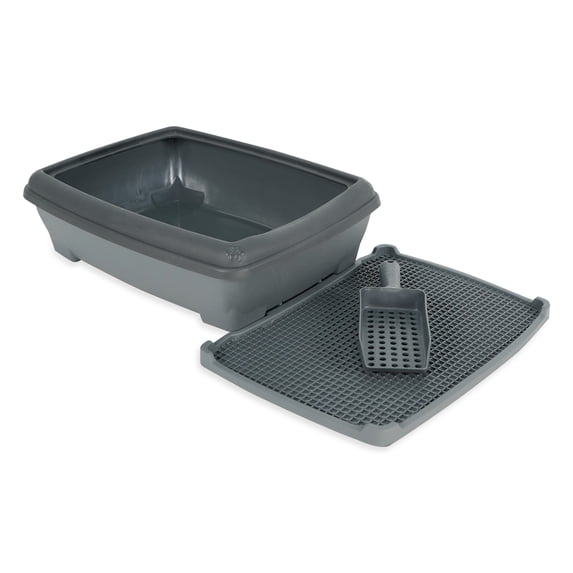 SussexHome Pets Outdoor Cat Litter Box Pan with Cat Litter Mat and Scooper - 20 x 15 x 6.1 Inches High Sided Cat Litter Pan - Easy Clean Litter Box for Cats - Dark Gray
