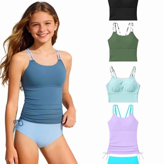 RTKFRFLM Girls 2-Piece Bikini Swimsuit Set Printed Tankini Top with Boy Shorts Drawstring Bathing Suit for Kids Sizes 7-16 Years