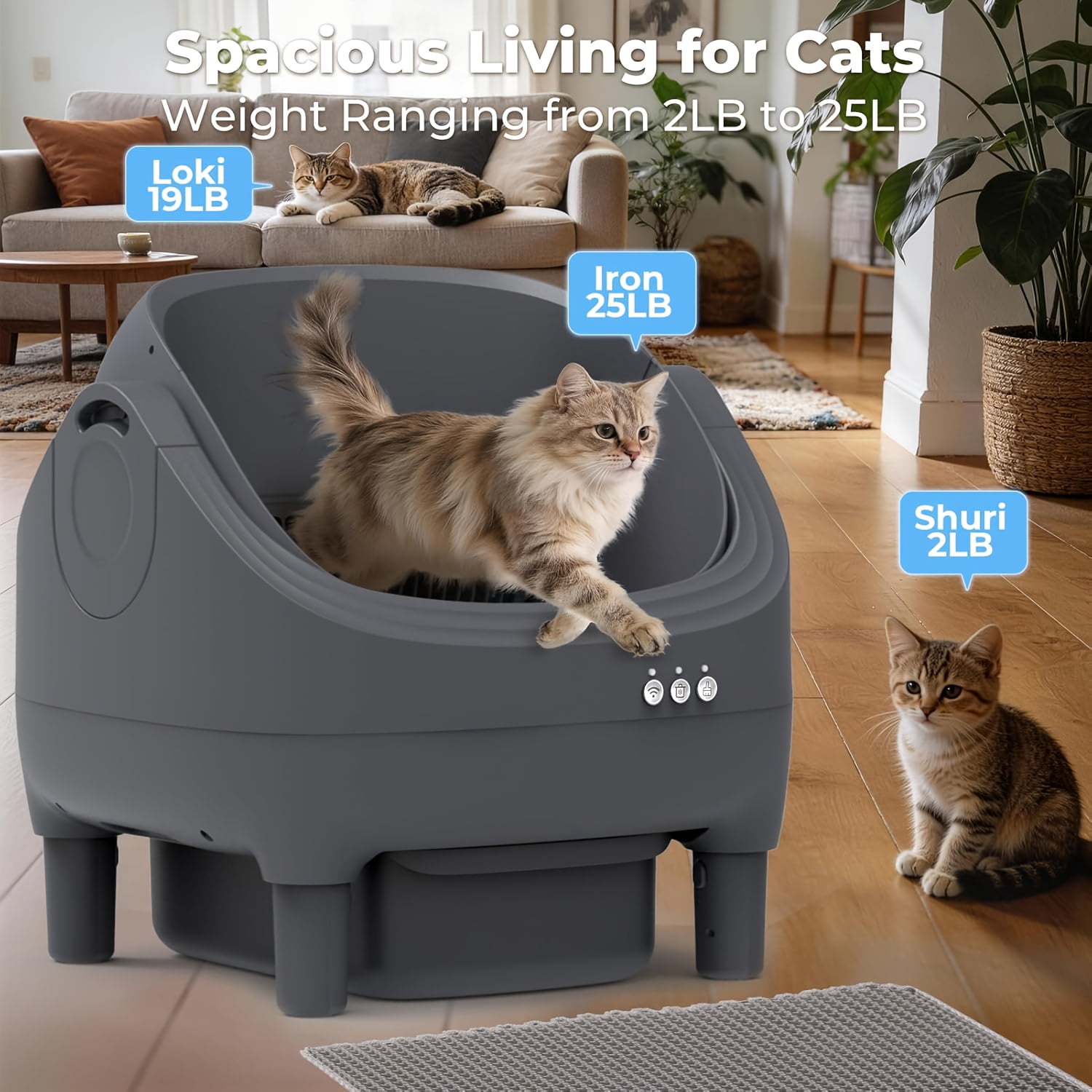 Self Cleaning Litter Box, Automatic Cat Litter Box-APP Control, Open-Design Electric Litter Box, Safety Anti-Pinch, Odor-Free Waste Disposal Includes Trash Bags, Suitable for Multiple Cats, Grey