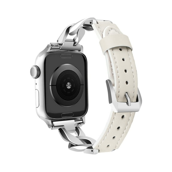 Slim PU Leather Band Compatible for Apple Watch 49mm 45mm 44mm 42mm, Glitter Diamond Chain PU Leather Strap with Bling Zinc Alloy Bracelet for iWatch Ultra Band Series 9 8 7 6 5 4 SE 3 2 1, White