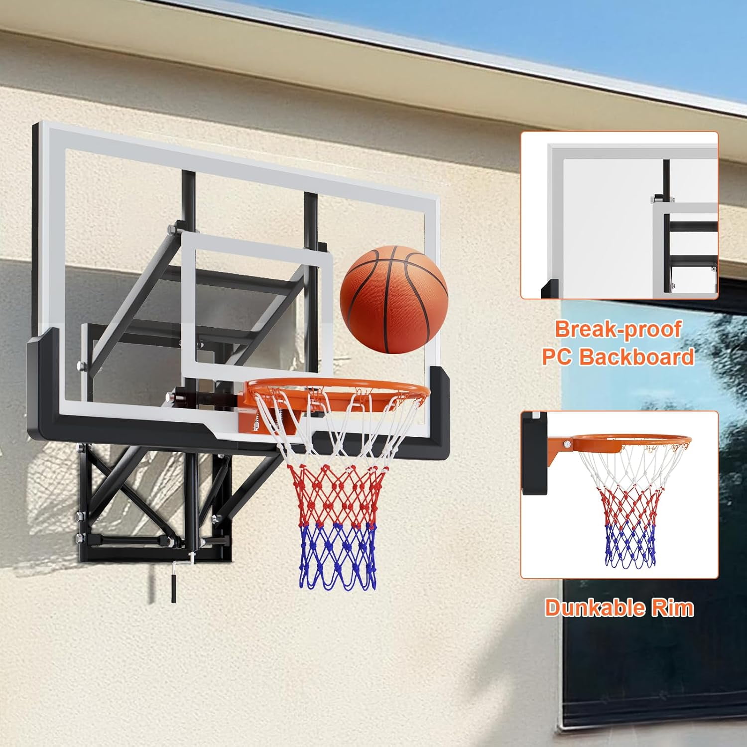 Selooye 54 Inch Wall Mounted Basketball Backboard, Adjustable-Height Backboard and Rim Combo, Outdoor Wall Mount Basketball Hoop Fit Most Slanting Roofs