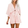 thumbnail image 2 of UYISJ Women's Summer Trendy Casual Rompers V Neck Tie Front Short Jumpsuits Striped 3/4 Sleeve Loose Rompers With Pockets Pink XXXL, 2 of 7