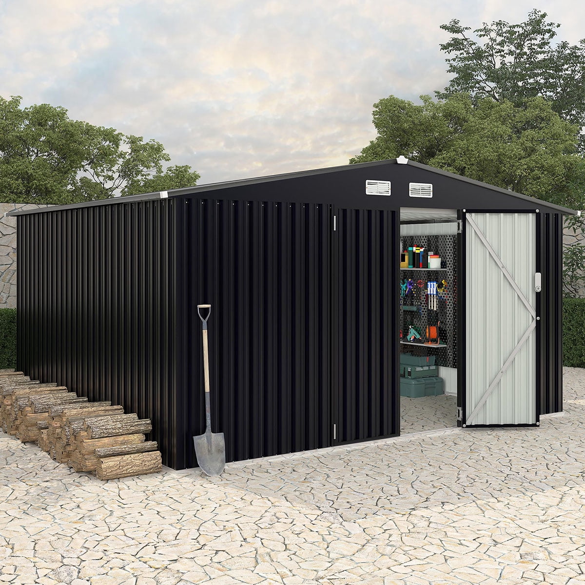 8x10 FT Metal Storage Sheds Outdoor,Metal ToolShed with Lockable Door,Metals Yard Sheds MetalGarden Shed Kit,Metals Utility Sheds Buildings with Air Vent for Backyard Garden Patio Lawn,ship in 2 boxes