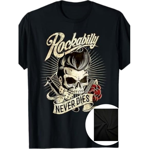 T Shirt Retro Rock Band Black with Red Roses & Skull Scissors Graphic Rock Never Dies Slogan