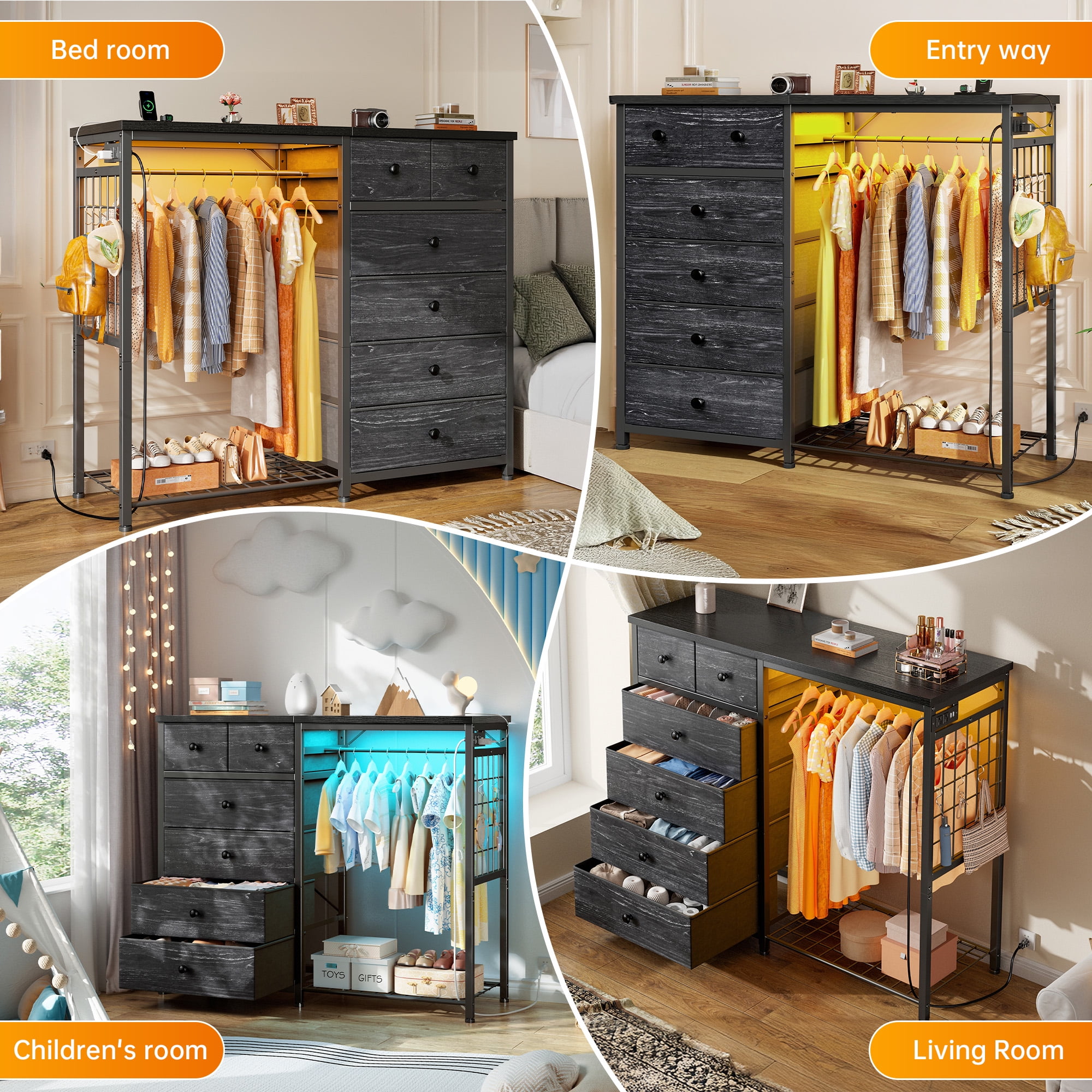 Snhomee Dresser with Clothes Rack 6 Drawer Dresser with Clothing Rack for Hanging Clothes Black Dresser with Fabric Drawers & Charging Station