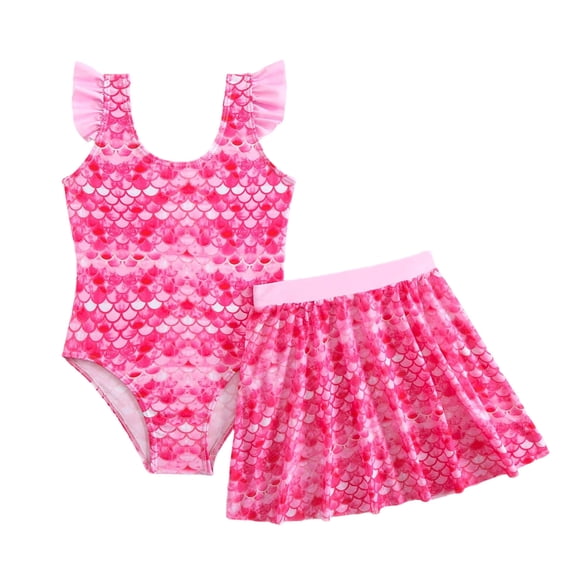 Likimi Kids Girls Two Piece Swimsuits With Swim Ruffles Skirt Crew Neck Printed Fly Sleeve Fashionable Swimwear For Beach Pool Pink Size 6-7 Years