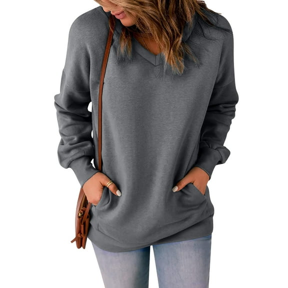 absuyy Womens Sweatshirts V Neck Casual Solid Color Comfortable Loose Tops Gray Sweatshirt Size S