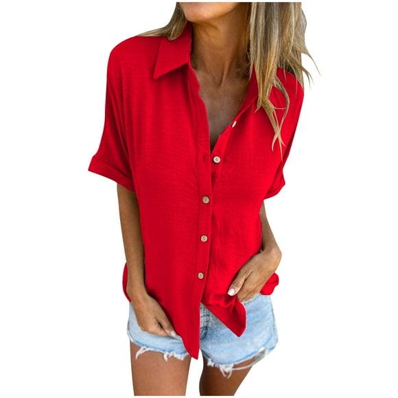 Yanlir Women's Solid Color Lapel Button Cardigan with Half Sleeve Versatile Spring/Summer Cover-Up,Loose Fits Tunic Blouse for Layering(Red,S)
