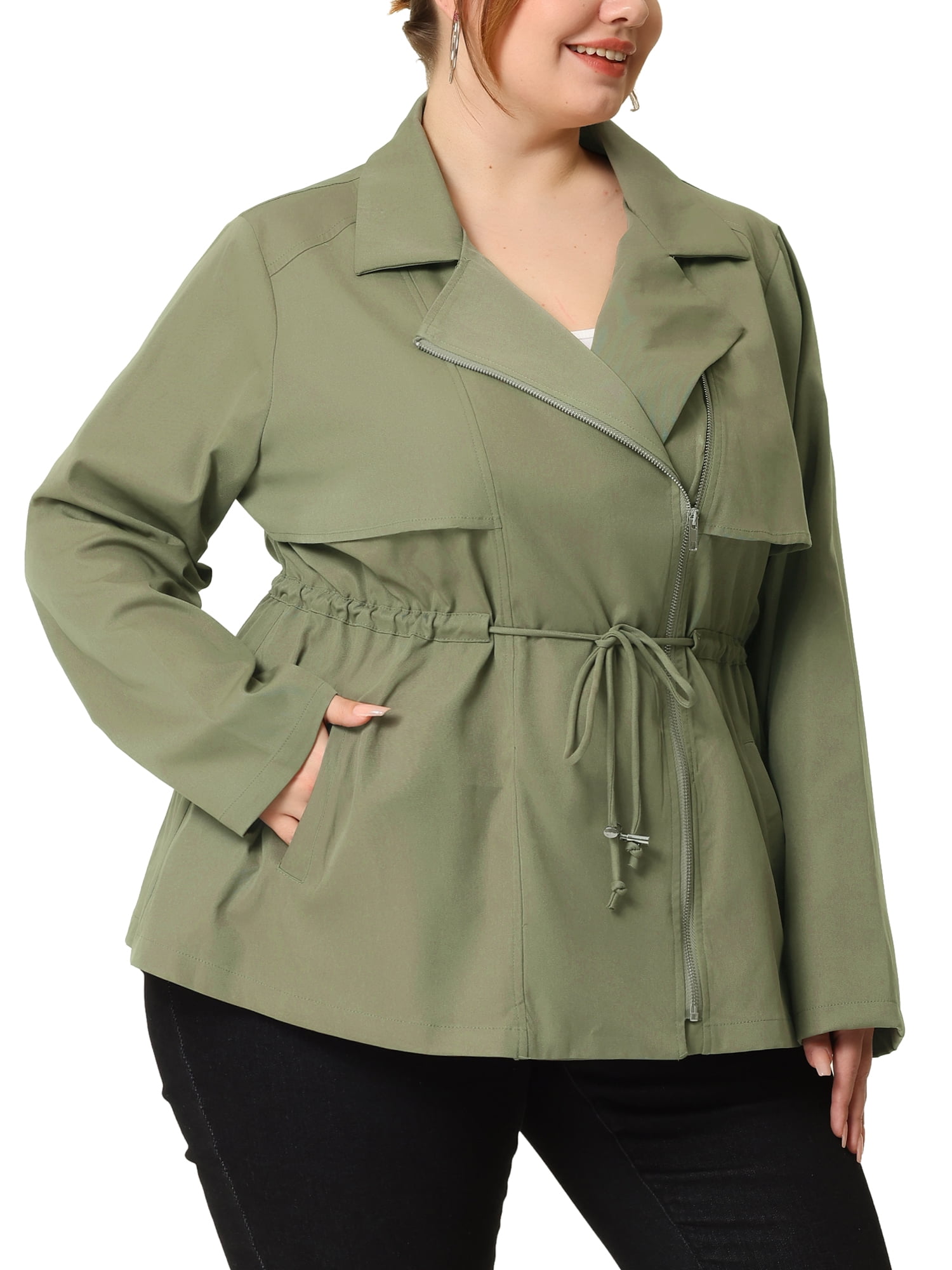 DARING DIVA Plus Size Moto Zipper Drawstring Waist Jacket 3X Green