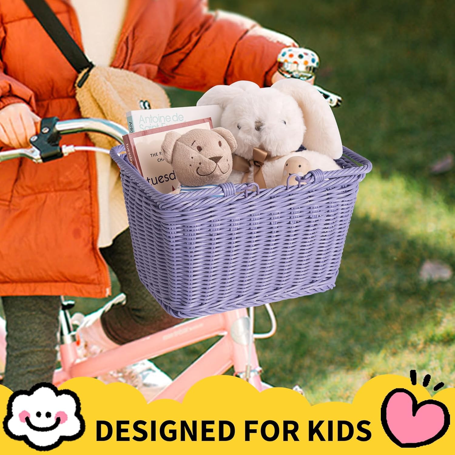 Kids Bike Basket, Front Bicycle Bike Baskets for Kids, Small Wicker Bike Basket for Boys and Girls, Small Wicker Basket for Bike, 9¾" x 7" x 6", 1-Pack