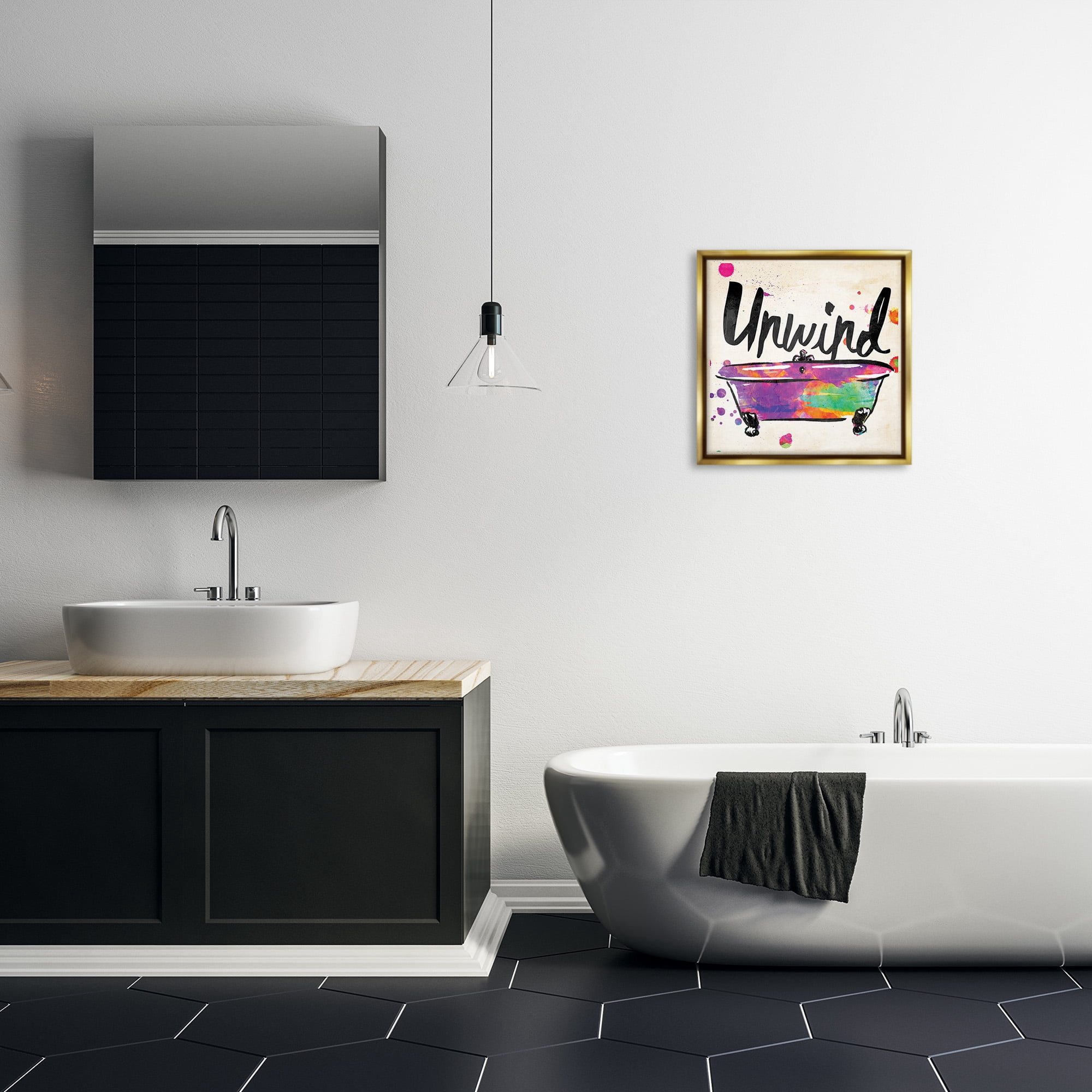 Stupell Industries Unwind Rainbow Colors Icon Bath Typography Painting Gold Floater Framed Canvas Art Print Wall Art, 18 x 18