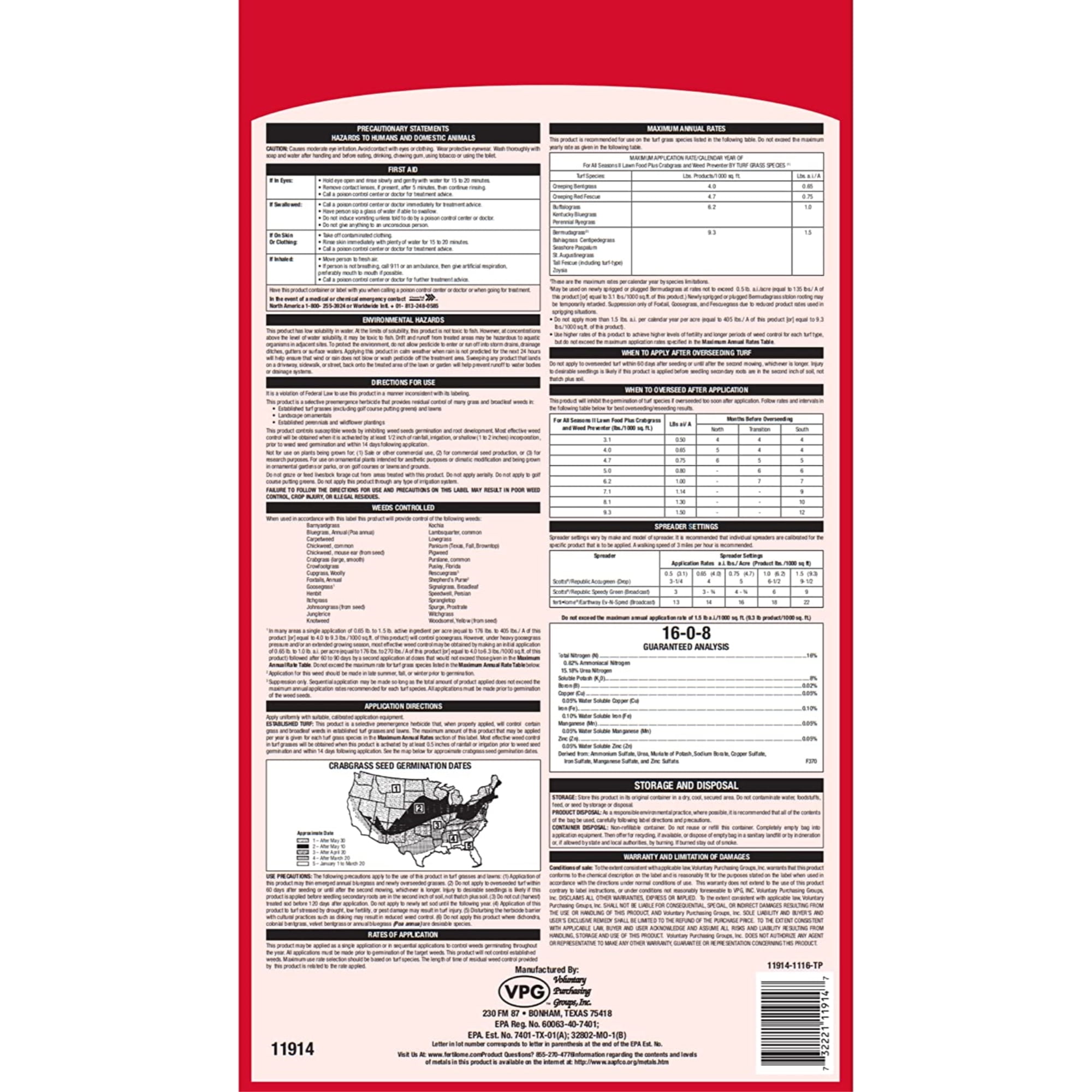 VPG 11914 for All Seasons II Lawn Food Plus 16-0-8 20 lb. Fertilizer