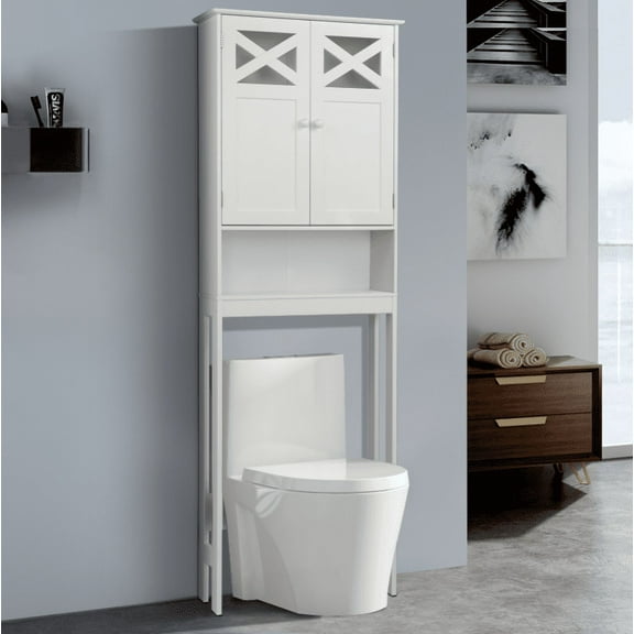 SamyoHome Wooden Over The Toilet Cabinet Bathroom Freestanding Cabinet with Shelves, White