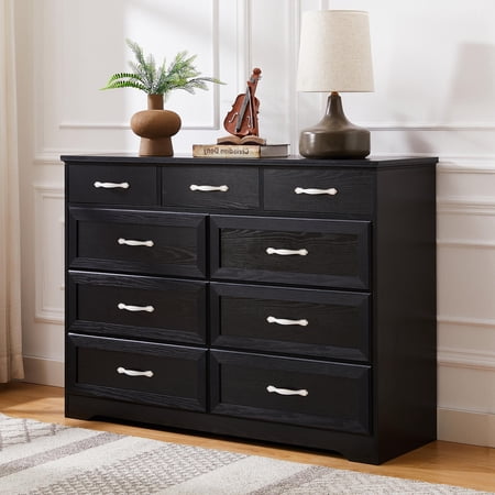 9 Drawer Dresser, Wooden Bedroom Dresser with Large Storage Unit, Modern Wide Chest of Drawers with Antique Handles Large for Closet for Kids Room Living Room Entry Hallway Furniture, Black