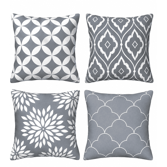 Set of 2 Outdoor Waterproof Throw Pillow Covers 18x18 Inch, Double-Sided Plush Decorative Pillowcases, Grey White Geometric Floral Pattern Cushion Covers for Patio Couch Sofa