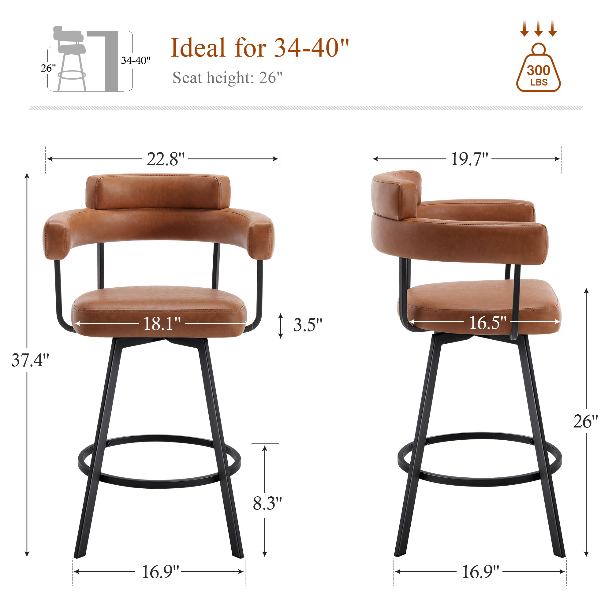 Zesthouse 26" Counter Height Swivel Barstools, Faux Leather Upholstered Bar Stools Set of 2, Armrests, Metal Base, Brown