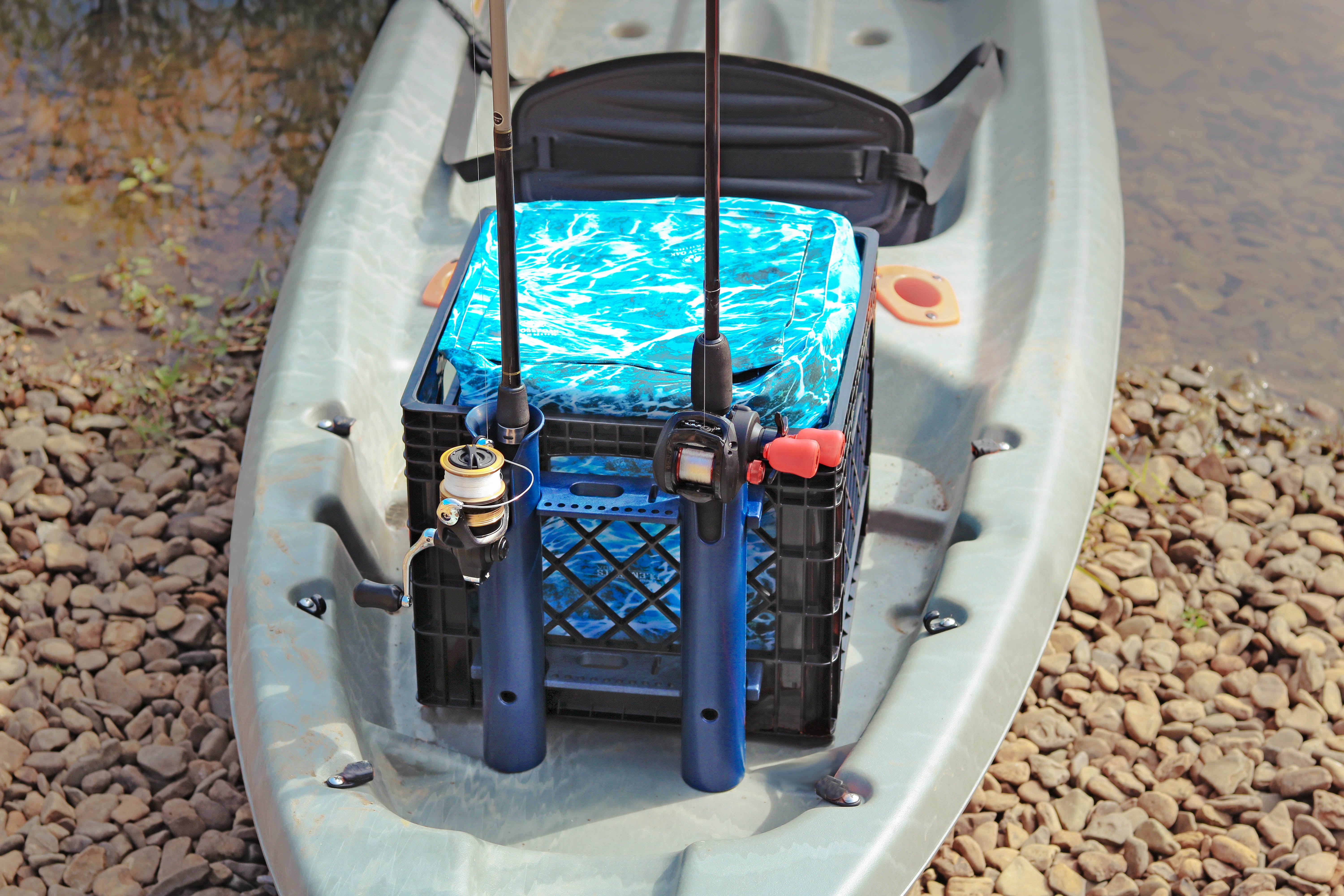 Mossy Oak 24 Piece Kayak Storage Crate with Dry Bag, Fishing Accessories Kit and Rod Holder Milk Crate Blue