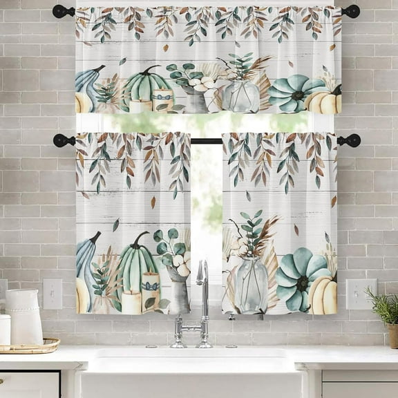 Watercolor Pumpkin Kitchen Curtains Fall Window Curtains Valance and Tier Set 36 Inch, Eucalyptus Leaves Wooden Vintage Rod Pocket Short Tier Curtain for Room, Autumn Small Cafe Kitchen Decor