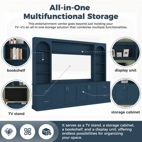 Modern Arched Farmhouse TV Stand for TVs up to 65 Inches, Entertainment Center with Drawers, Cable Holes and Adjustable Shelves, Blue