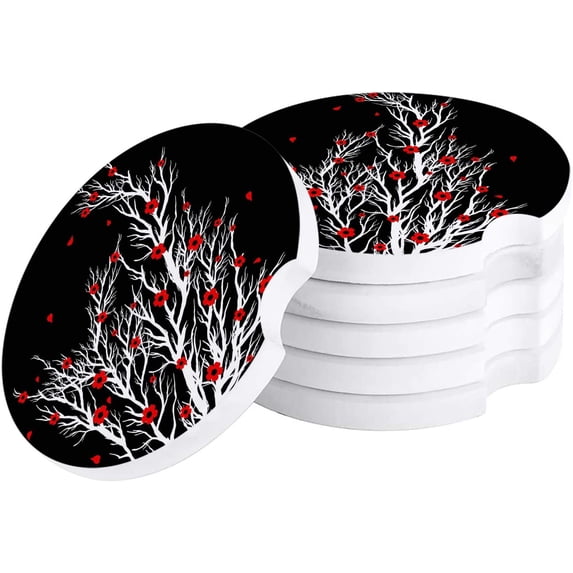 FMSHPON Red Plum Black Set of 4 Car Coaster for Drinks, Absorbent Ceramic Stone Coasters Cup Mat with Cork Base for Home Kitchen Room Coffee Table Bar Decor