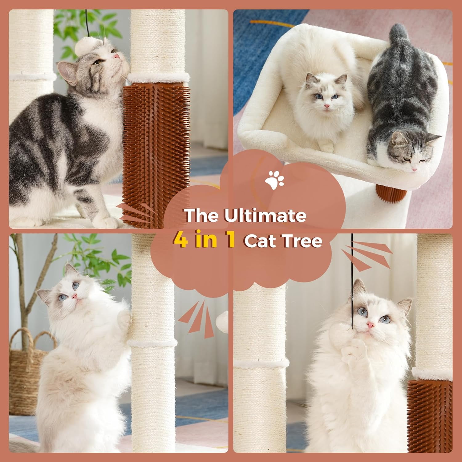 Cat Tree Tower for Large Cats Cat Scratching Post with Cat Self Groomer,Top Bed, Thick Scratch Post Danging Ball Great for Indoor Cats