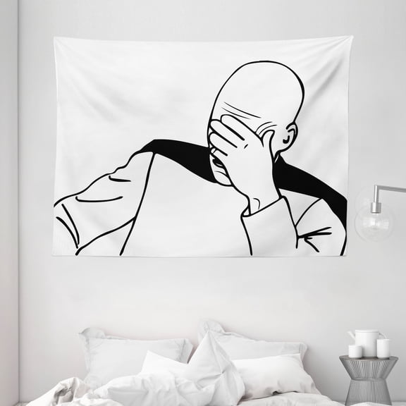 Humor Decor Tapestry, Captain Picard Face Palm Troll Guy Meme Caption Super Fun Online Illustration , Wall Hanging for Bedroom Living Room Dorm Decor, 80W X 60L Inches, Black White, by Ambesonne