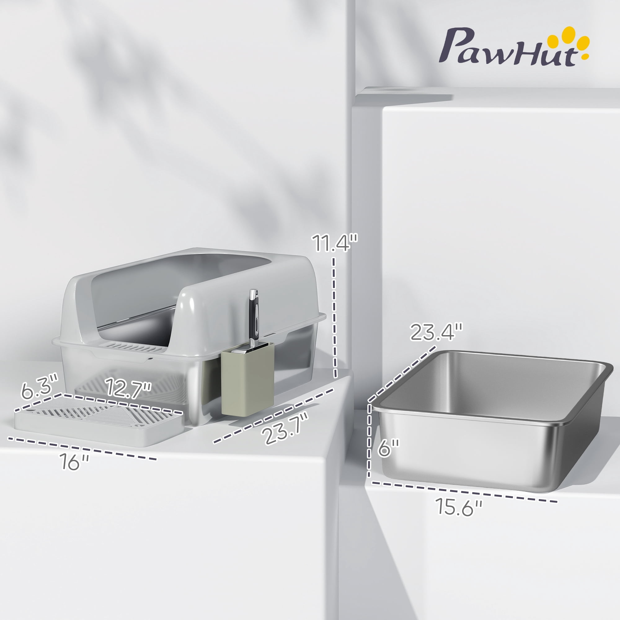 PawHut Stainless Steel Litter Box, Metal Litter Box with High Sided for Easy Clean & Anti-Urine Leakage, with Metal Scoop & Scoop Holder