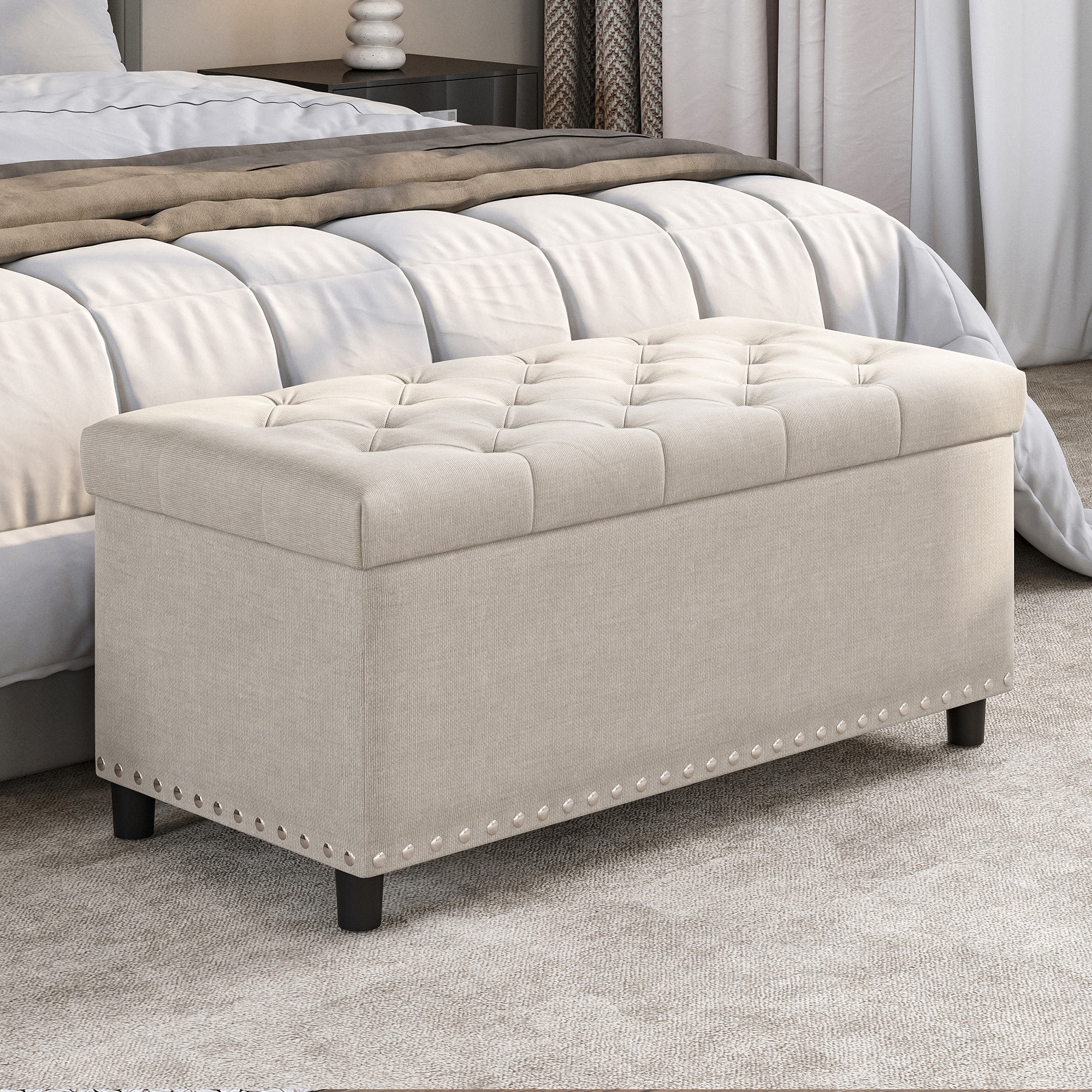 Belleze 35 Inch Button-Tufted Storage Ottoman, Beige photo 5