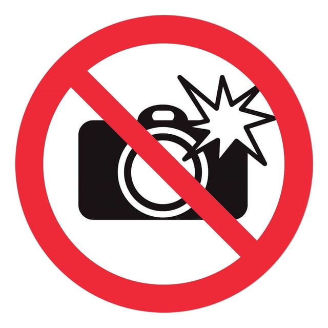 Señal prohibitiva: "No tomar fotos con flash" en blanco, negro y rojo. Plástico estireno calibre 40, para interiores y exteriores, 20x20 cm. Señalamiento, Cartel, Letrero cuadrado, Señalización.