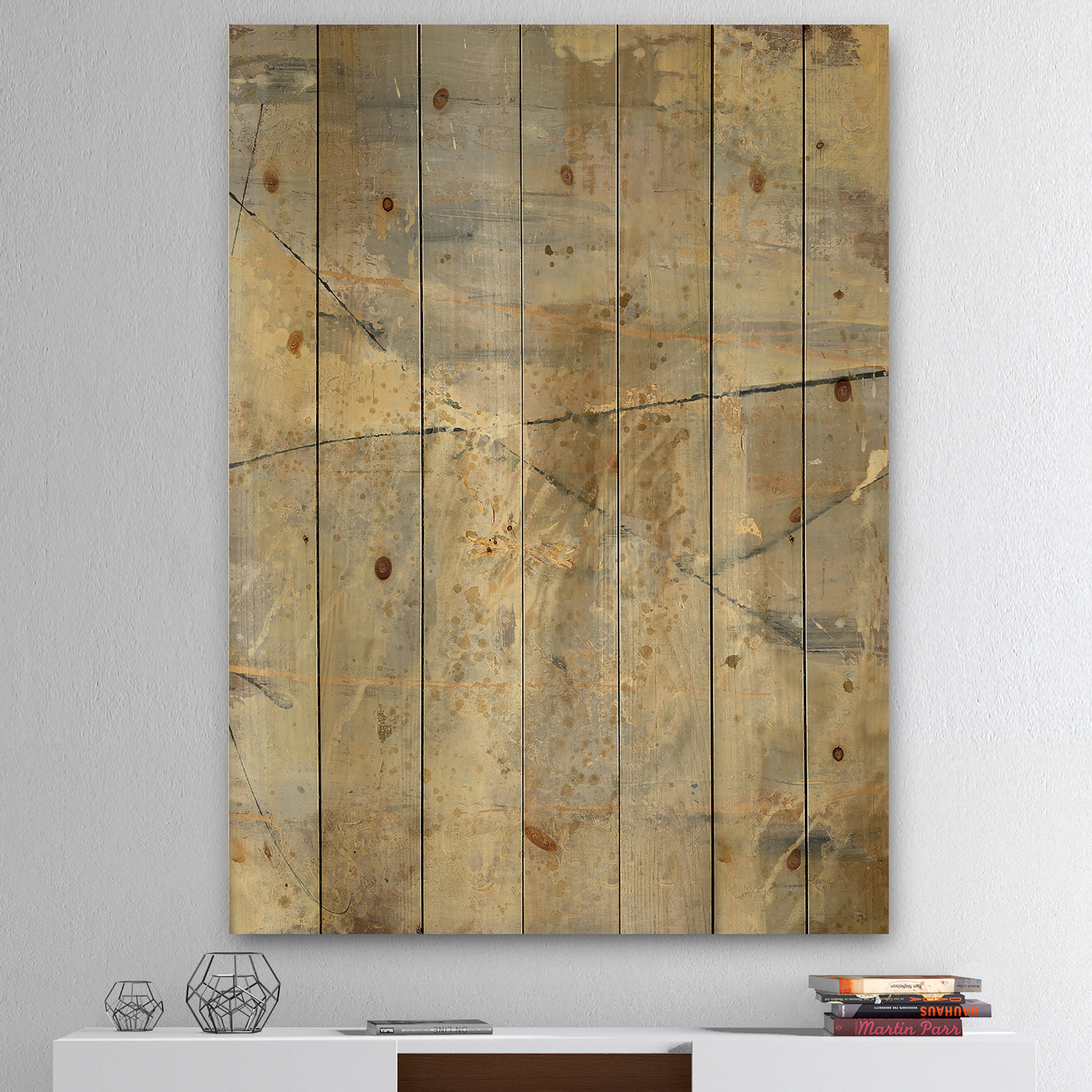 Designart 'Cream Block Geometric I' Modern Glam Print on Natural Pine Wood
