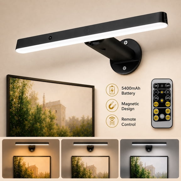 MEHOOM Rechargeable Cordless Wall Light with Controller and Timer, Dimmable 5400mAh Wall Lights Battery Operated for Wall , Wall Decor, Picture Lights for Artworking, Portrait Dartboard - Black