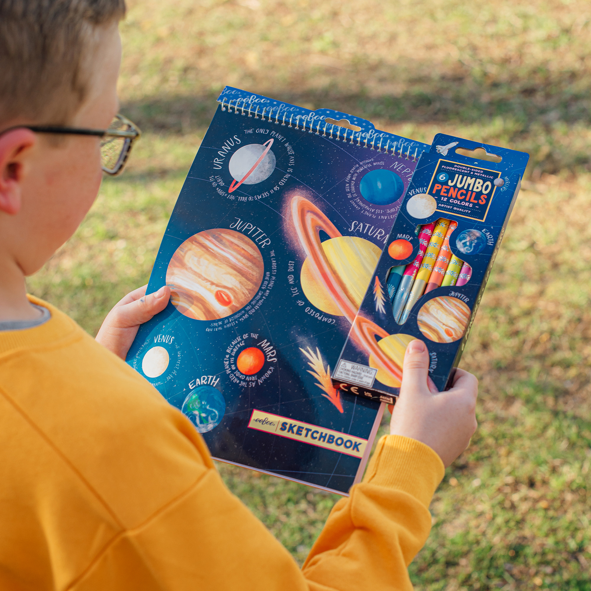 eeBoo: Jumbo Double-Sided Colored Pencils – Our Planets - 6pc Set, 12 Metallic & Fluorescent Colors, Sharpener, Chunky Foil Barrel, Kids Art Supplies