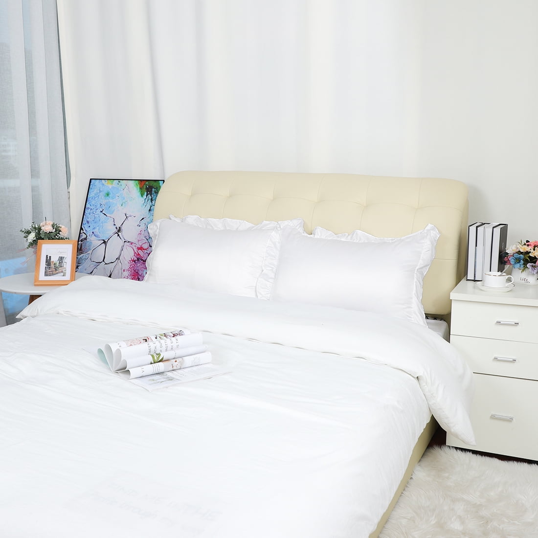 Unique Bargains 4-Piece Satin Ruffled Edge Pillow Shams, Standard, White