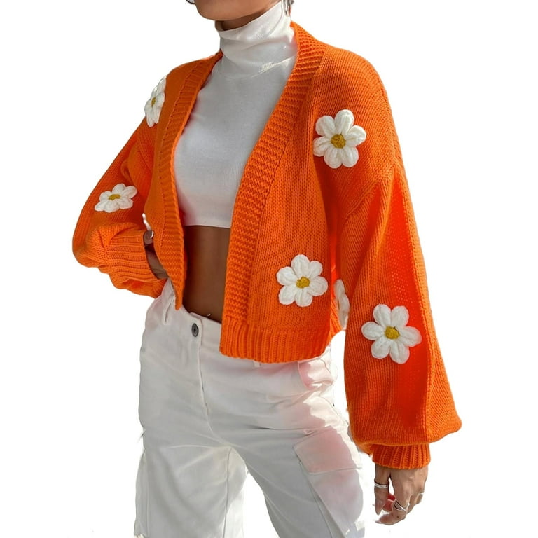 Womens Cardigans Casual Floral Cardigan Orange S