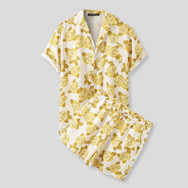 Conjunto de verano bohemio hawaiano para hombre, camisa de manga corta, pantalones cortos, conjunto de vacaciones en la playa TUNC Sencillez