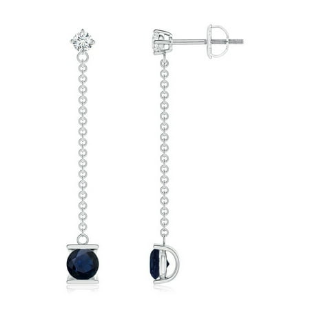 Chain Platinum Earrings - September Birthstone Earrings - Yard Chain Diamond and Sapphire Drop Earrings in 14K White Gold (4mm Blue Sapphire) - SE1092SD-WG-A-4