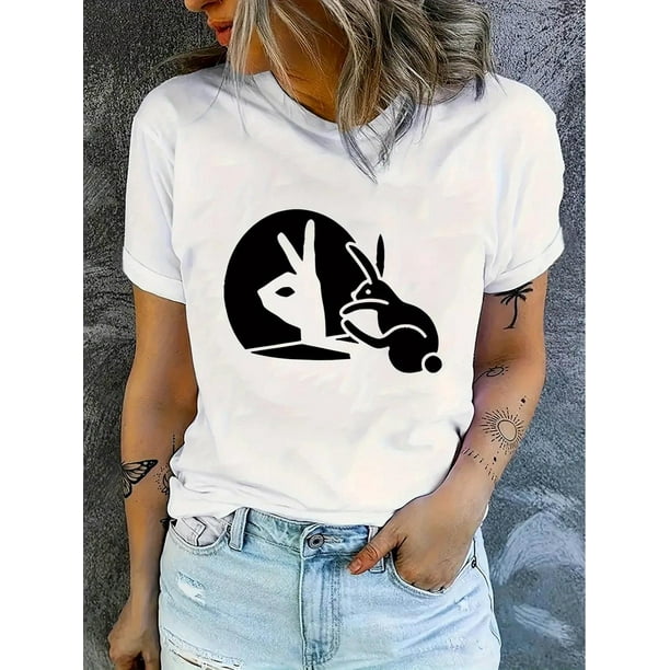 Camiseta Para Mujer De Verano Con Cuello Redondo Para Mochilero, Viajes, DesplazamientosCreative Rabbit Gesture Pattern Printed Women'S Trendy Round Neck Short Sleeve, Simple Casual Sports T-Shirt,
