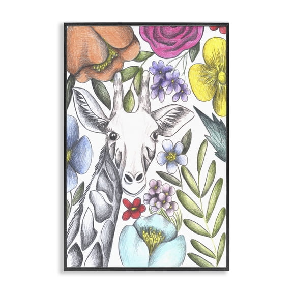 Giraffe In The Midst of Flowers Black Framed Giclee Art, design by Cecilia Battaini