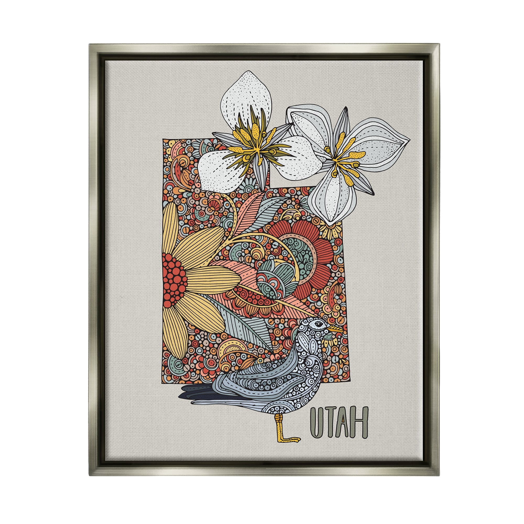 Stupell Industries Utah State Bird & Flower Intricate Floral Pattern Graphic Art Luster Gray Floating Framed Canvas Print Wall Art, Design by Valentina Harper