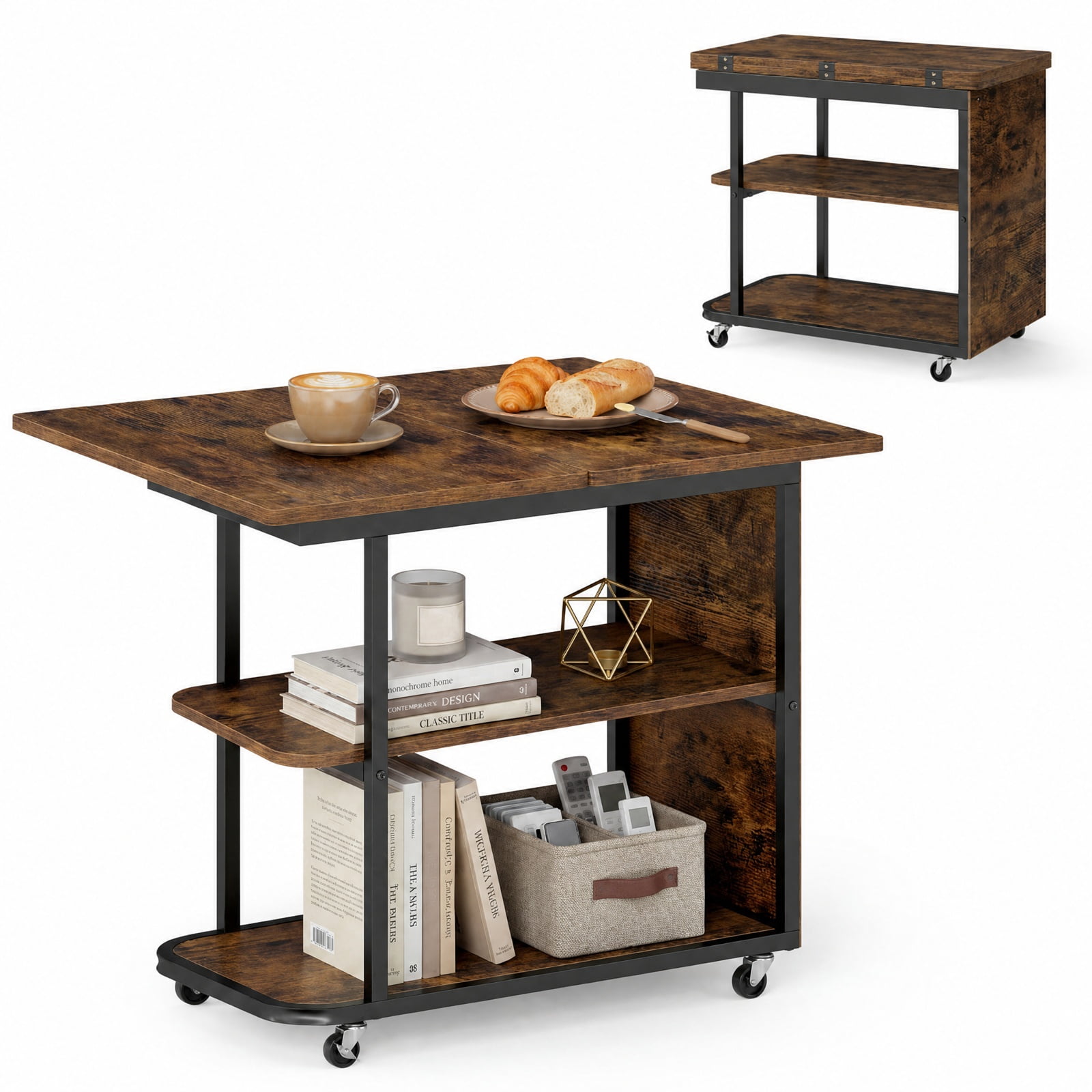 Furnibear Mobile Nightstand with Foldable Swivel Top and 2 Tier Shelf Rolling Bedside Table for Small Spaces Bedroom, Rustic Brown